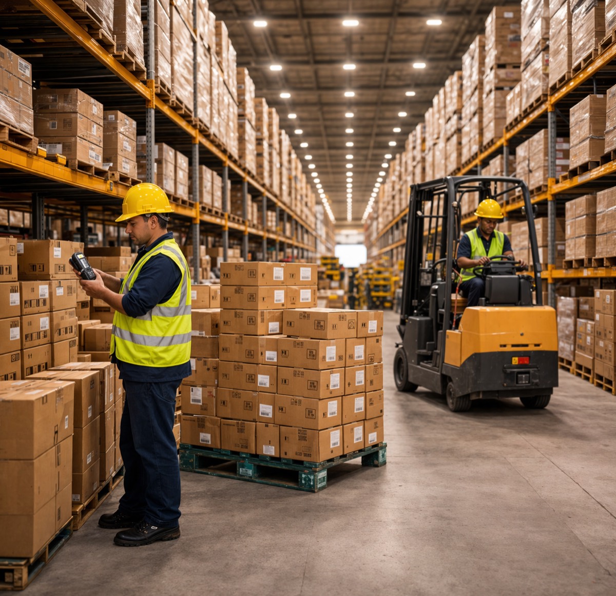 Warehouse team preparing palletised goods for export